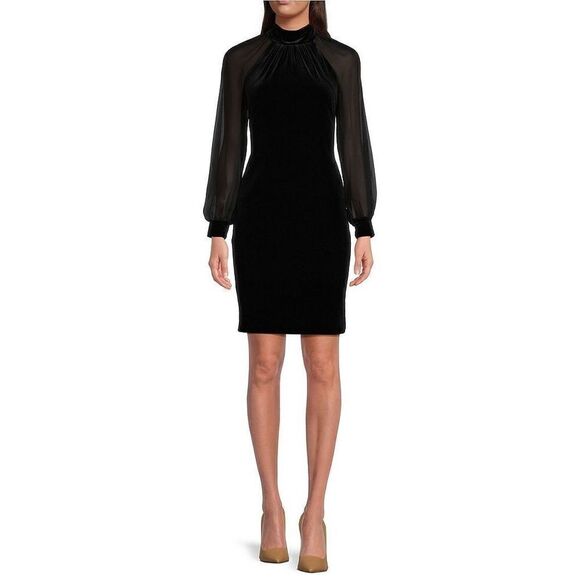 Calvin Klein Sheer Sleeve Mock Neck Velvet Dress New - Picture 2 of 10